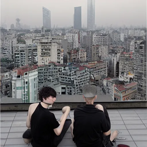 Image similar to a small rooftop with a couple of people sitting and watching the view, wearing black modern clothes, designed by rick owens, messy short hair, modern shanghai bund in smog is on the background, sunset, pale colors, by gregory crewdson