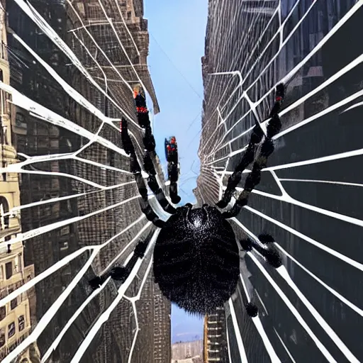 Prompt: a first person view of a giant spider taking over a city