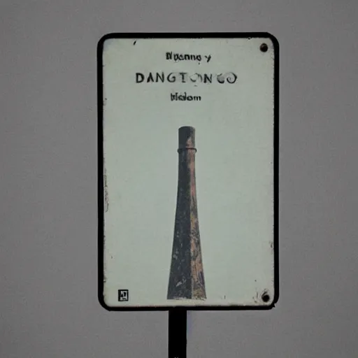 Image similar to photo of small sign showing a danger symbol, in the background there is a nuclear tower with lots of steam, pictorialism style