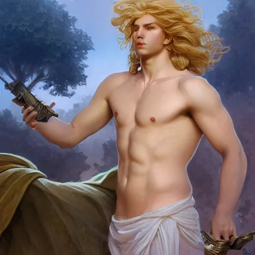 Prompt: Apollo the pale blond Greek God league of legends on his day off, long fluffy curly blond hair, highly detailed, digital painting, artstation, concept art, smooth, sharp focus, illustration, ArtStation, art by artgerm and greg rutkowski and alphonse mucha and Edmund Blair Leighton and Charlie Bowater
