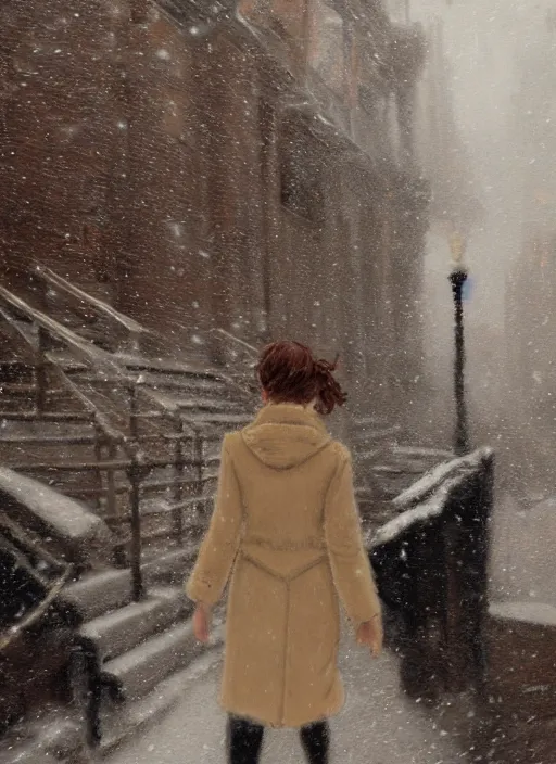 Image similar to back of emma stone in beige coat, walking into new york apartment building in winter, opening door, building entrance, snow, zoomed out, artwork by gaston bussiere, craig mullins, trending on artstation