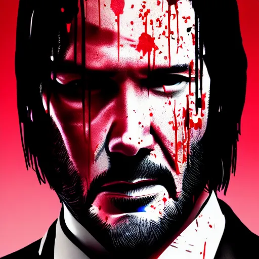 Image similar to john wick blood splattered, ( sony a 7 r iv, symmetric balance, polarizing filter, photolab, lightroom, 4 k, dolby vision, photography awardm, voque, perfect face )