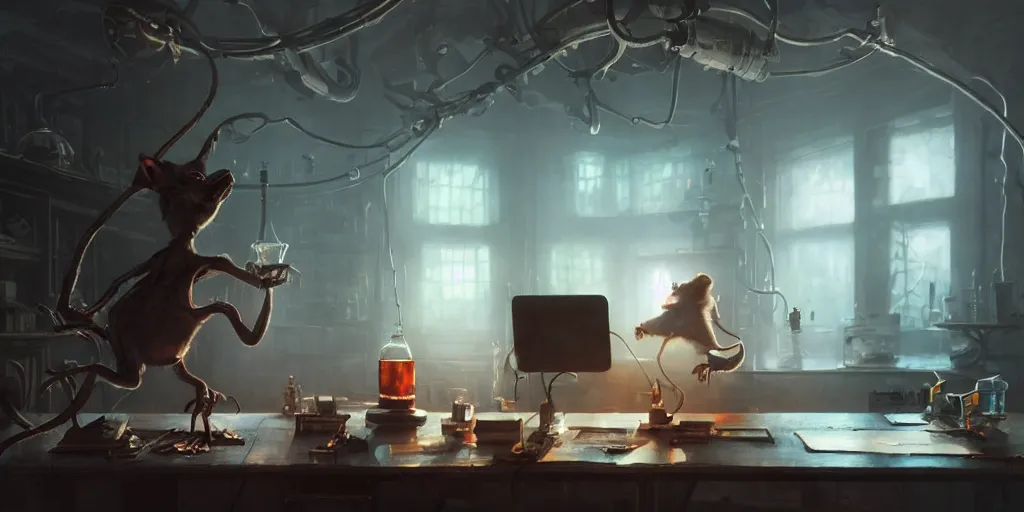 Image similar to humanoid rat in a laboratory sitting at a desk with lots of flasks filled with magic liquids and poisonous fog, stephen bliss, unreal engine, fantasy art by greg rutkowski, loish, rhads, ferdinand knab, ilya kuvshinov, rossdraws, tom bagshaw, global illumination, radiant soft light, detailed and intricate environment