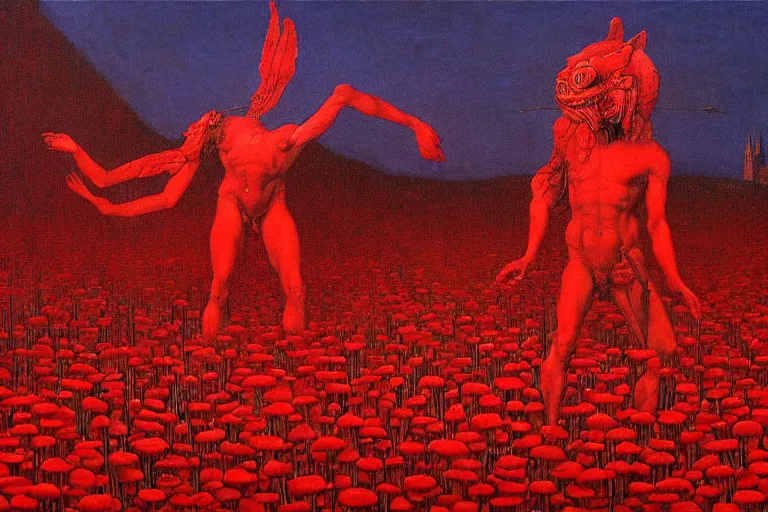 Image similar to only with red, red flowers of different types, a red tiger, a castle in the background, medieval demons dance over the flowers, an ancient path, in the style of beksinski, part by hopper, part by rodcenko, part by hofbauer, intricate composition, red by caravaggio, insanely quality, highly detailed, masterpiece, red light, artstation