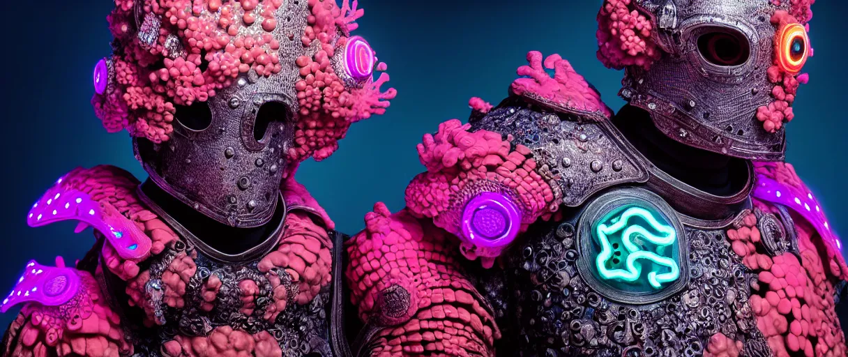 Image similar to hyperrealist highly detailed english medieval portrait of high fashion monster wearing uv light reef armor, radiating atomic neon corals, concept art pascal blanche dramatic studio lighting 8k wide angle shallow depth of field