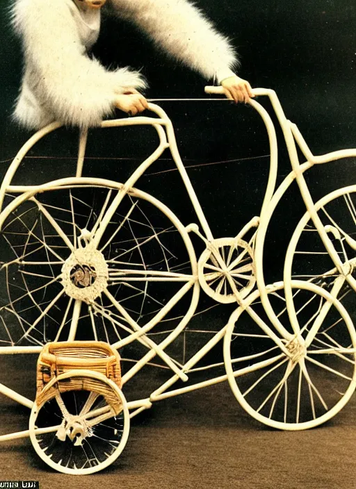 Image similar to realistic photo of a a medieval ritual astronomy appliance bicycle, made of wood white clay and fur with black wires 1 9 9 0, life magazine reportage photo, natural colors, metropolitan museum collection