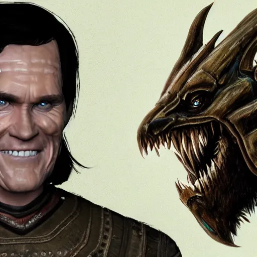 Image similar to concept art of skyrim boss that resembles jim carrey ultra detailed