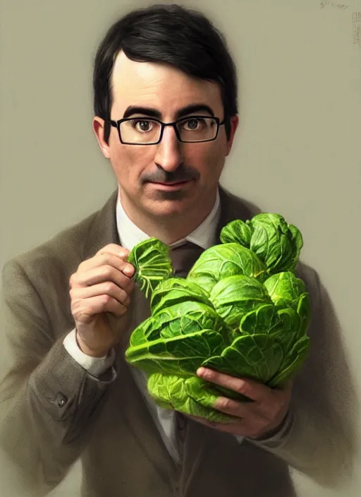 Prompt: a portrait of john oliver holding a cabbage, farm, stoic, fantasy, intricate, elegant, beautiful, highly detailed, charcoal, centered, dark, smokey, digital painting, artstation, concept art, smooth, sharp focus, illustration, art by artgerm and greg rutkowski and alphonse mucha