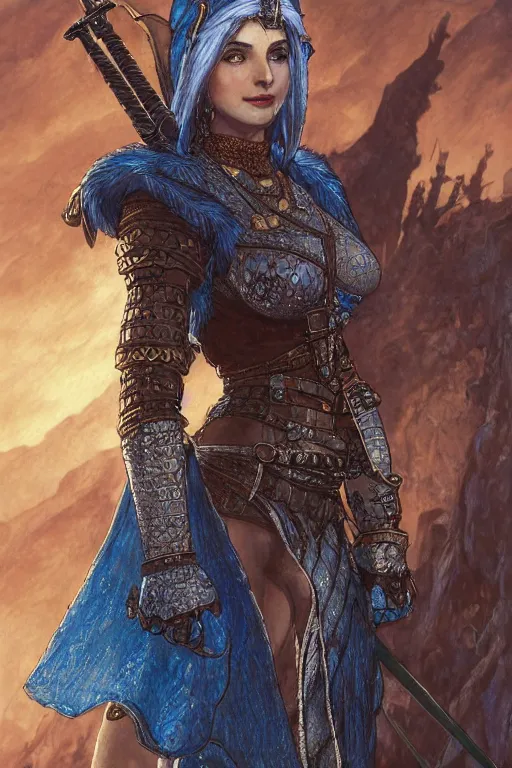 Image similar to alluring highly detailed matte close-up portrait of beautiful elf Shani (from Witcher 3) wearing chesty chainmail bikini and a blue cloak, very detailed, realistic, manga, pen and ink, by Stanley Artgerm Lau, greg rutkowski, thomas kindkade, alphonse mucha, loish, norman rockwell J.