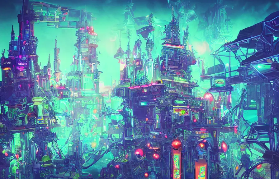 Image similar to a futuristic neon castle, crowded, plastic, nature, robots, digital art.