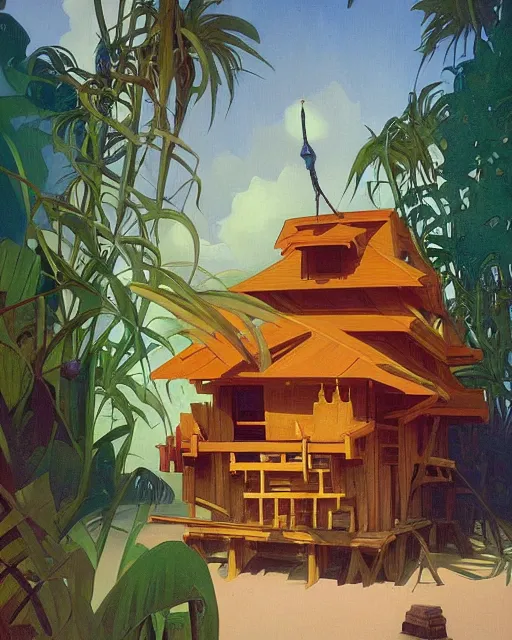 Image similar to a painting of a tribal tiki hut with a totem pole by its side, a surrealist painting by alphonse mucha, beeple, Edward Hopper and James Gilleard, Zdzislaw Beksinsk, by Jesper Ejsing, by RHADS, Makoto Shinkai and Lois van baarle, trending on deviantart, pop surrealism, lowbrow, grotesque, whimsical