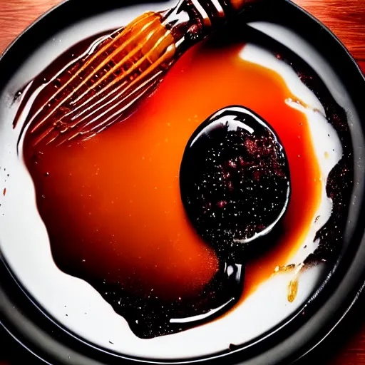 Prompt: honey splashing on crimson - black fork, hyper realistic, award winning slow - motion food photography
