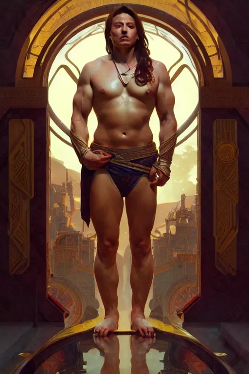 Prompt: Elon Musk as a Greek god, gorgeous, amazing, muscular, fit, intricate, highly detailed, digital painting, artstation, concept art, sharp focus, illustration, art by greg rutkowski and alphonse mucha