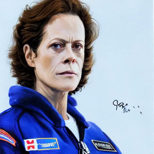 Prompt: portrait of a woman by greg rutkowski, sigourney weaver as an space cargo pilot, she is about 6 0 years old, wearing a cobalt blue utilitarian jumpsuit, highly detailed portrait, digital painting, artstation, concept art, smooth, sharp foccus ilustration, artstation hq