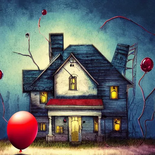 Image similar to grunge painting of a house with a wide smile and a red balloon by tim burton, loony toons style, pennywise style, corpse bride style, rick and morty style, creepy lighting, horror theme, detailed, elegant, intricate, conceptual