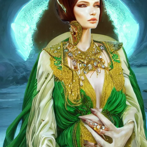 Image similar to a beautiful woman wearing a green and white kaftan made of silk with golden ornaments and diamonds jewelry by alex gray and android jones , Karol Bak, Ayami Kojima, Amano , concept art, character design, fantasy,3D, 8k resolution