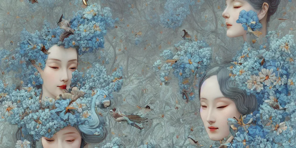 Image similar to breathtaking detailed concept art painting art deco pattern of faces goddesses amalmation light - blue flowers with anxious piercing eyes and blend of flowers and birds, by hsiao - ron cheng and john james audubon, bizarre compositions, exquisite detail, extremely moody lighting, 8 k