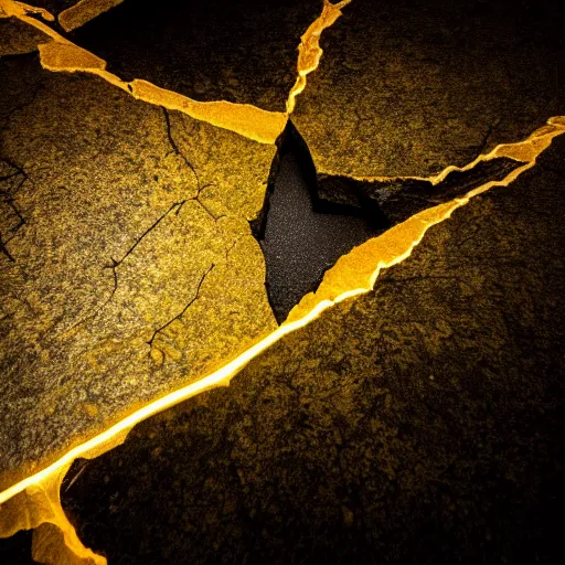 Image similar to photograph of a cracked stone with warm yellow light streaming out of the crack, fantasy, magical, mysterious, cinematic lighting, enhanced, rim lighting, studio photo, hd, 8k