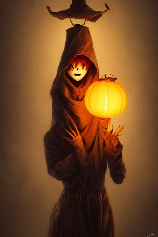 Prompt: portrait of a haunted scarecrow, burlap bag head, holding a lantern, halloween night, charlie bowater, artgerm, ilya kuvshinov, krenz cushart, ruan jia, realism, ultra detailed, 8 k resolution