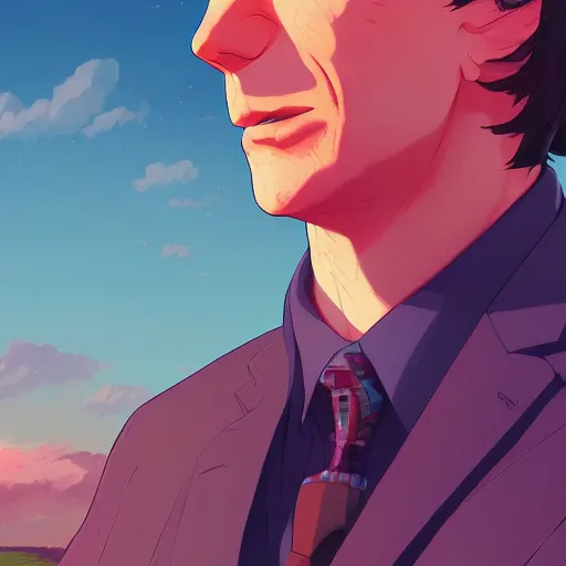 Prompt: ⁠portrait of Saul Goodman , farm field background, rich vivid colors, ambient lighting, dynamic lighting, 4k, HQ, official media, anime key visual, makoto shinkai, ilya kuvshinov, lois van baarle, rossdraws, detailed, trending on artstation