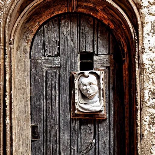 Prompt: A ajar dilapidated door with a human face hangs on loops, medieval style, dramatic lighting