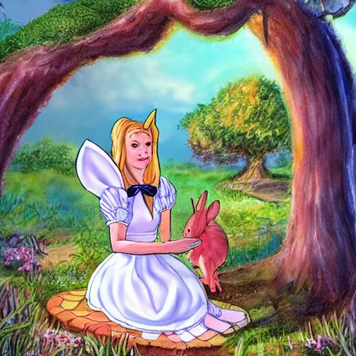 Image similar to alice from wonderland talking to a rabbit while sitting on top of a tree, realistic fantasy art in the style of enid blyton