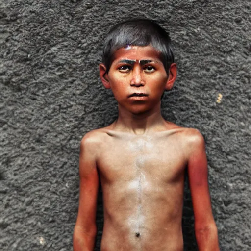 Image similar to photos of indigenous boy staring into the camera, distended abdomen, standing on a salt flat, highly detailed, muted gray brown colors, by national geographic