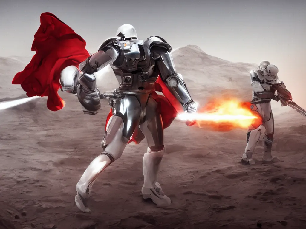 Image similar to gigachad space trooper in glossy sleek white armor with small red details, no helmet, long red cape, heroic posture, firing laser rifle, on the surface of mars, explosions in the background, night time, dramatic lighting, cinematic, sci-fi, hyperrealistic, movie still