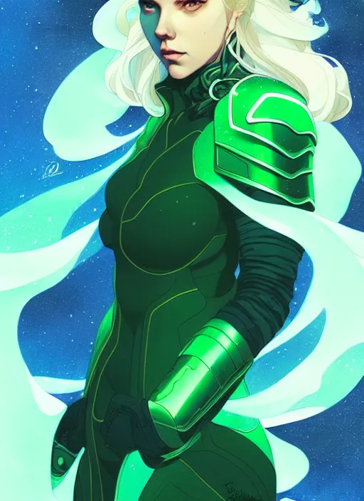 Image similar to style artgerm, joshua middleton, illustration, scarlett johansson as artificer wearing green pelt light armor, anime eyes, blue hair, swirling water cosmos, fantasy, dnd, cinematic lighting