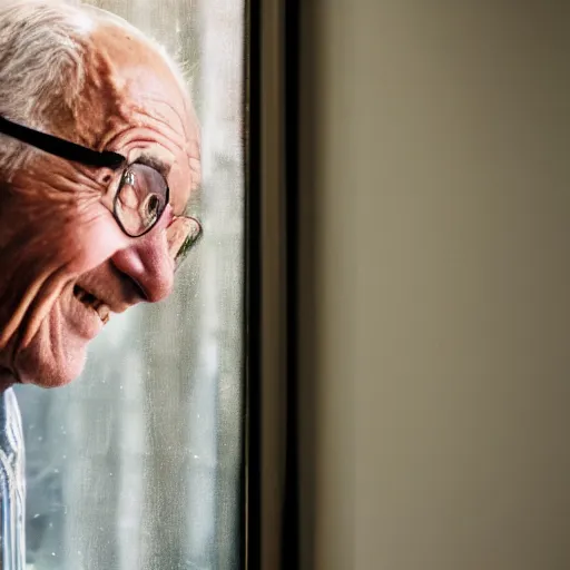 Image similar to an smiling old man seen through a distant window
