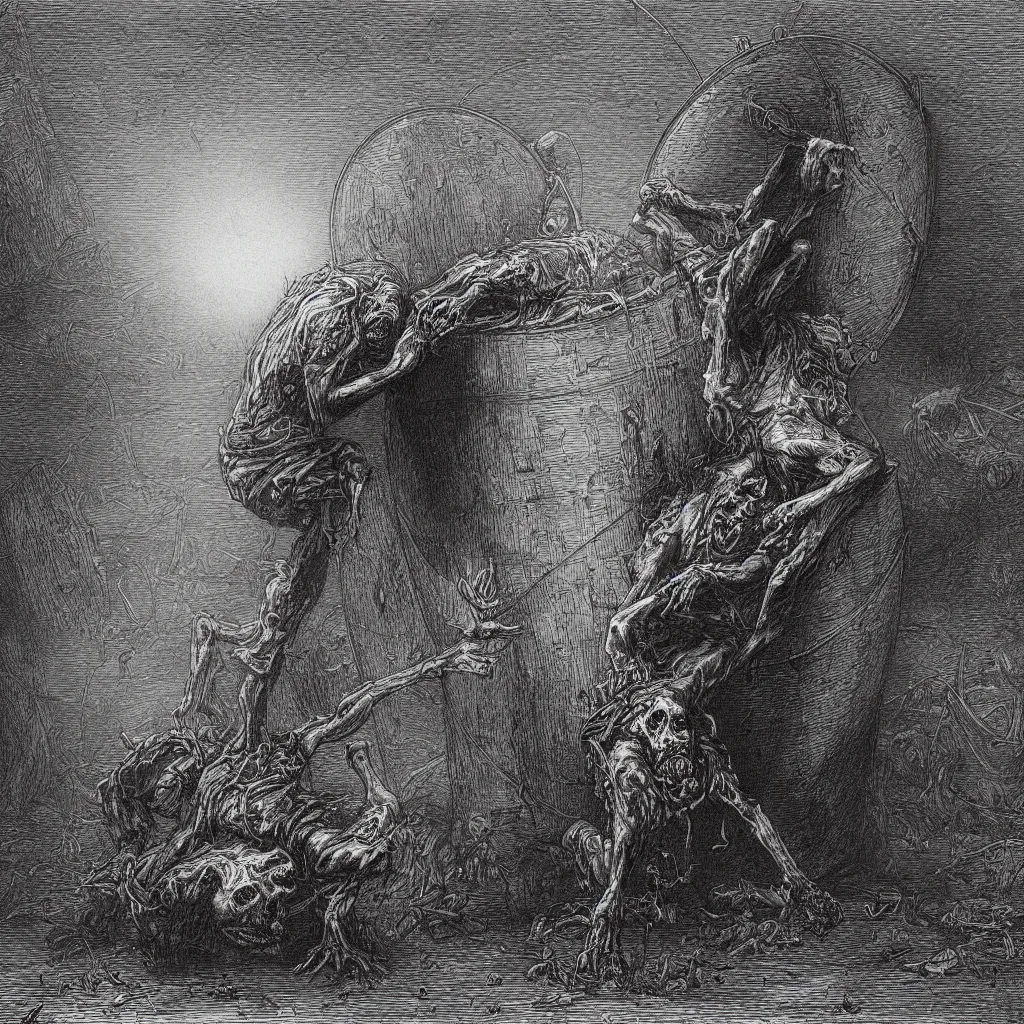 Image similar to zombie crawling out of a steel barrel, creepy atmosphere, dark, portrait, realistic, very realistic, illustration by gustave dore