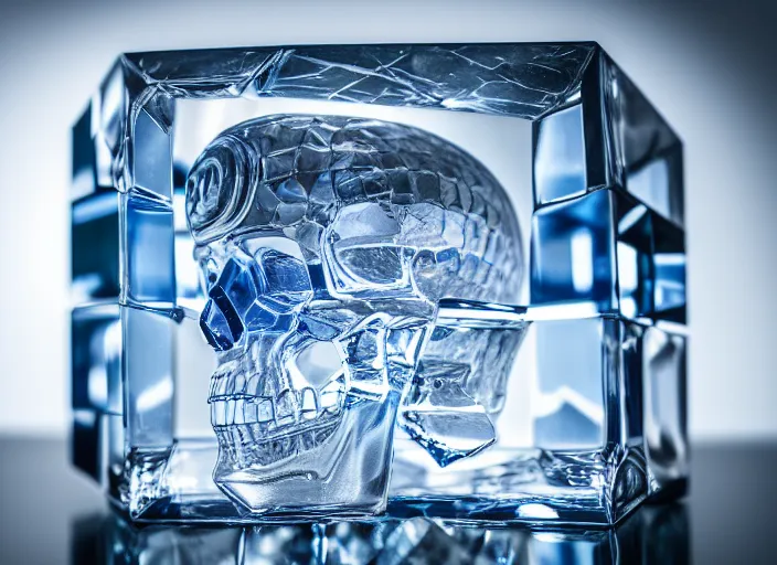 Prompt: crystal skull encased in crystal cube. Highly detailed 8k. Intricate. Nikon d850 55mm. Award winning photography.