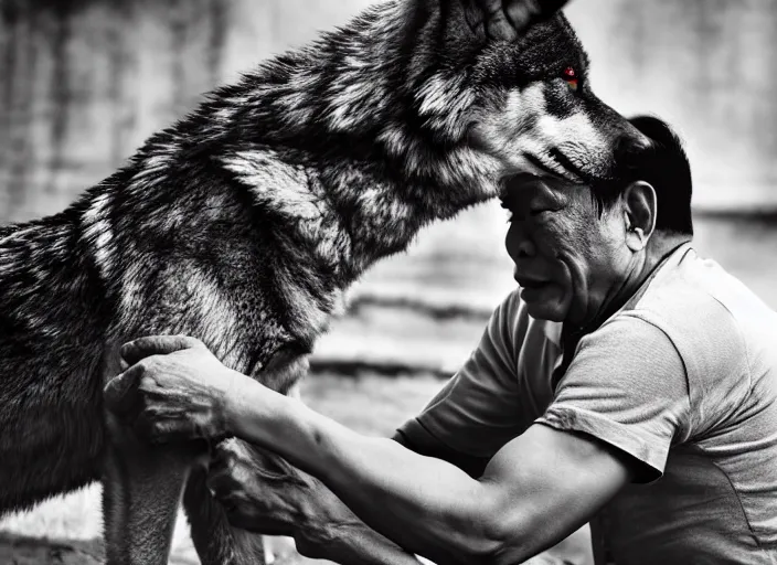 Image similar to duterte petting a wolf, realistic photograph, award winning photograph, cinematic, 4 k