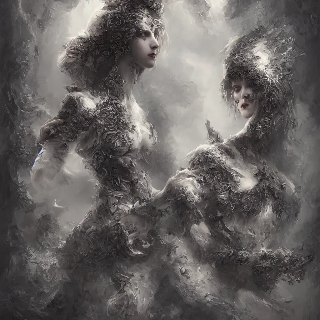 Image similar to tom bagshaw, soft painting centered portrait fractal curiosities carnival, a single beautiful anthropomorphic female wolf mutation in full nightshade gothic armor, accurate features, focus, very intricate ultrafine details, black white purple volumetric clouds, award winning masterpiece, octane render 8 k hd