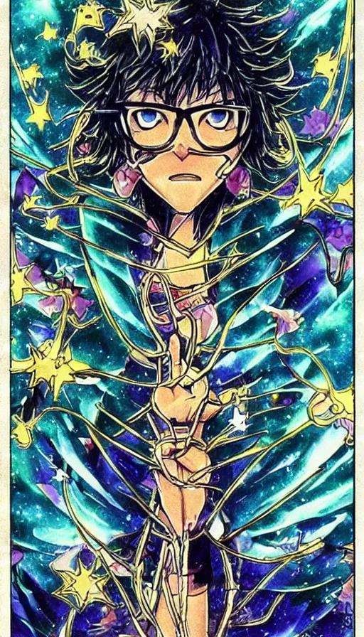 Prompt: anime tarot card based on the card Judgement, drawn by hideaki anno, beautiful lines, cosmic, psychedelic, detailed