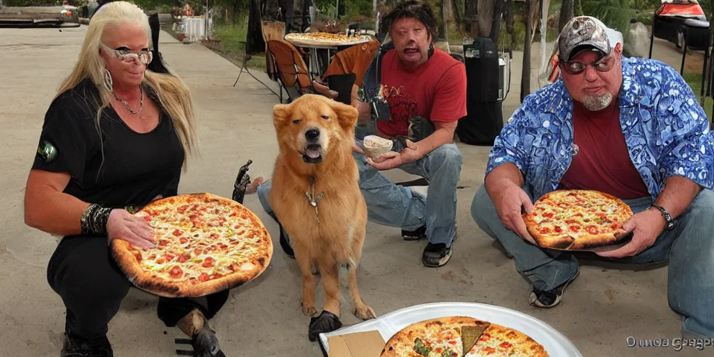 Image similar to a handsome dog the bounty hunter shares pizza with a furry, by wanda gag