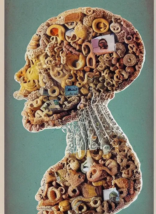 Prompt: vintage cereal box art, double exposure photo, all of the world's brain knowledge in one brain, by ernst haeckel, by chaim soutine