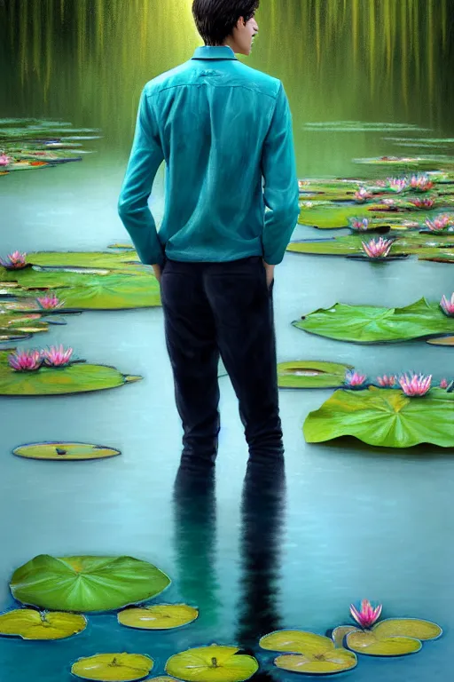 Prompt: light teal portrait of a tall, young adult man in his 20s in the rain on pond with waterlilies, fantasy, intricate, elegant, dramatic lighting, emotionally evoking symbolic metaphor, highly detailed, lifelike, photorealistic, digital painting, artstation, concept art, smooth, sharp focus, illustration, art by John Collier and Albert Aublet and Krenz Cushart and Artem Demura and Alphonse Mucha