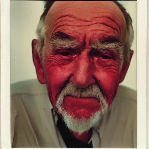 Prompt: A old man with a giant red onebrow looking scared to the camera, polaroid photo, colored, award winning