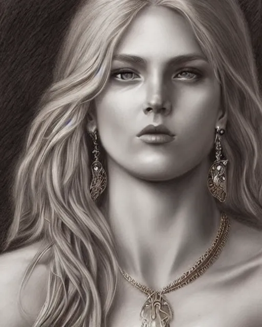 Image similar to pencil drawing of a beautiful greek goddess aphrodite with arrowhead earrings, beautiful piercing eyes, beautiful blonde hair, hyper realistic face, in the style of greg rutkowski, fantasy, amazing detail, epic, elegant, smooth, sharp focus, from the front