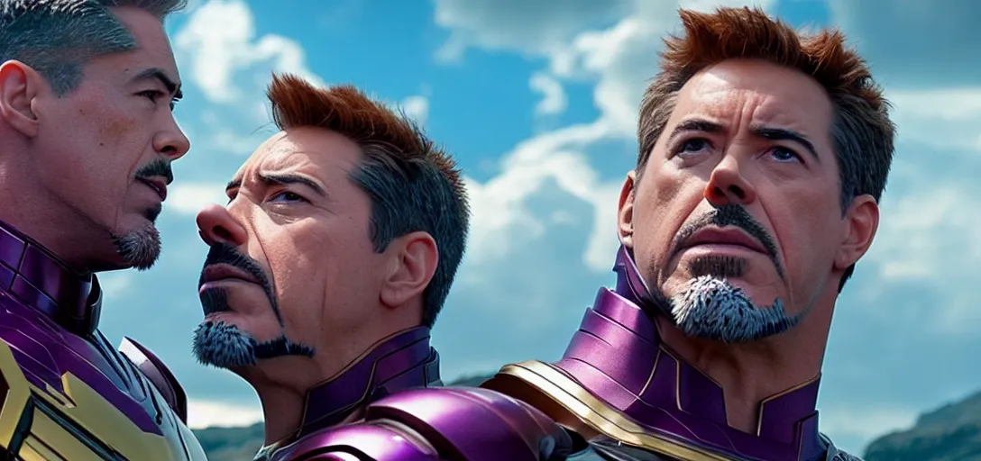 Image similar to a very high resolution image from a new movie. thanos kissing tony stark on a lake, photorealistic, photography, directed by wes anderson