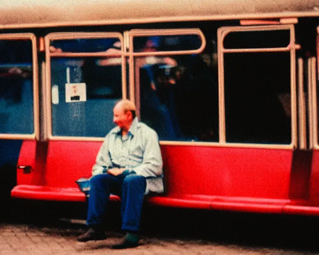 Image similar to a lomographic photo of russian lone man sitting in bus station at early evening in small town, cinestill, bokeh