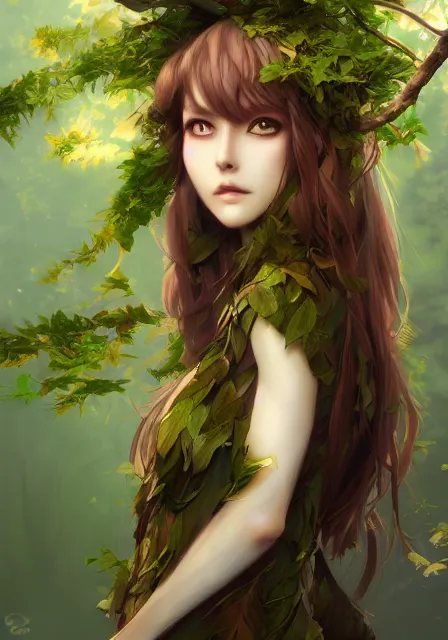 Image similar to A realistic anime portrait of a beautiful dryad twins with glowing green eyes and tree bark skin wearing clothes made of leaves, digital painting, by Stanley Artgerm Lau, Sakimichan, WLOP and Rossdraws, digtial painting, trending on ArtStation, SFW version