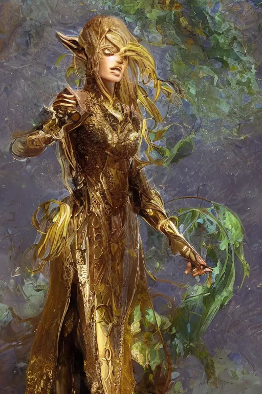 Image similar to female elven hunter armor made of yellow leaves, fantasy, amber eyes, face, long hair, intricate, elegant, highly detailed, digital painting, artstation, concept art, smooth, sharp focus, illustration, art by artgerm and greg rutkowski and alphonse mucha