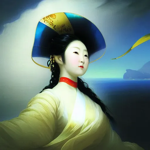 Prompt: close-up portrait of a beautiful Korean Luxurious Goddess wearing an elegant futuristic tsunami outfit posing dramatically in the art style of Aivazovsky, rule of thirds, fair complexity, 4k quality