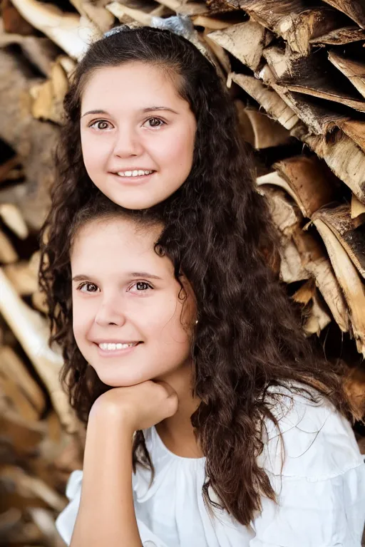 Image similar to close up headshot of a middle-school girl with brown eyes and unkempt wavy short brown hair wearing a white dress and holding a bundle of firewood, high resolution film still, 8k, HDR color, short hair, round face, dimples, beautiful gazing eyes