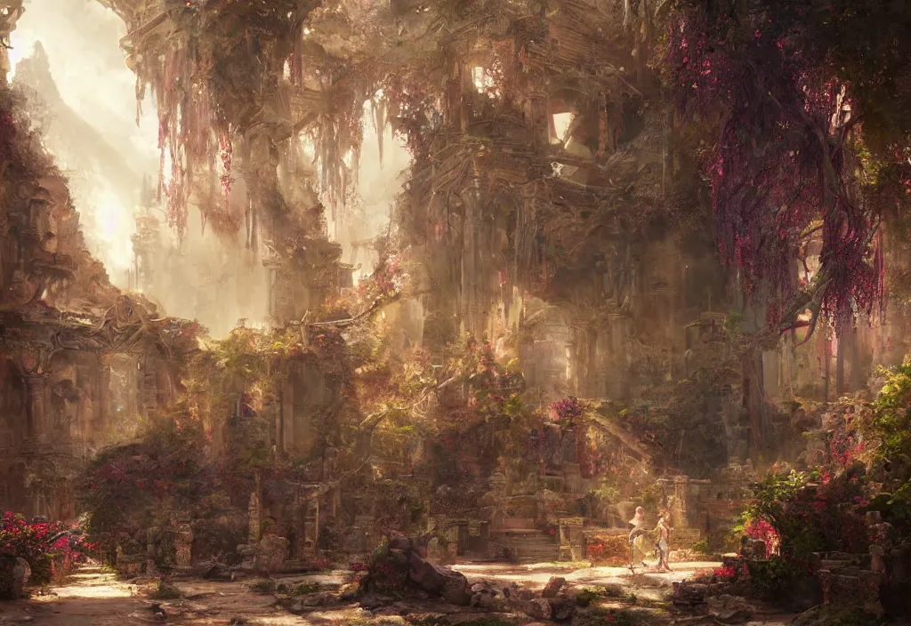 Prompt: breathtaking detailed painting of an overgrown temple on the ruins of egypts, by ayami kojima, ruan jia and brom, a sky of night amethyst ruby, pale twilight stained glass, amalgamation of embers, 8 k, concept art, matte, sharp focus, rembrandt style