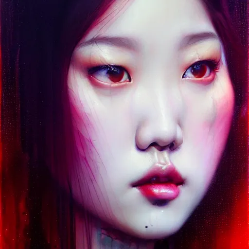 Image similar to roseanne park of blackpink, hyperrealistic portrait, bladerunner street, by karol bak and agnes cecile, fantasy art, photo realistic, dynamic lighting, artstation, poster, volumetric lighting, very detailed face, intricate complexity, 8 k, award winning