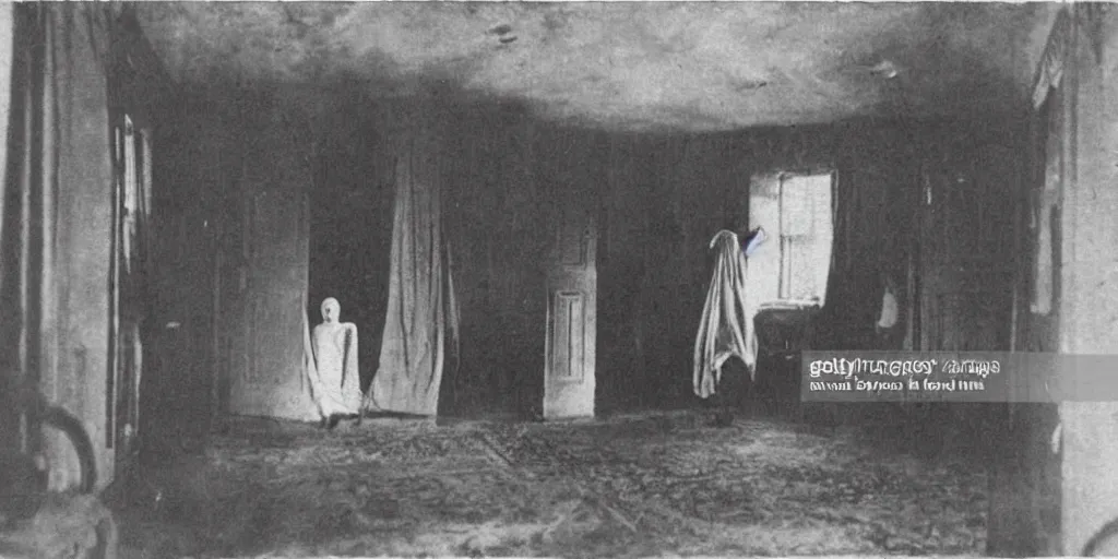 Prompt: scary unproportionable tall ghost creature inside a house crawling around, 1900s picture