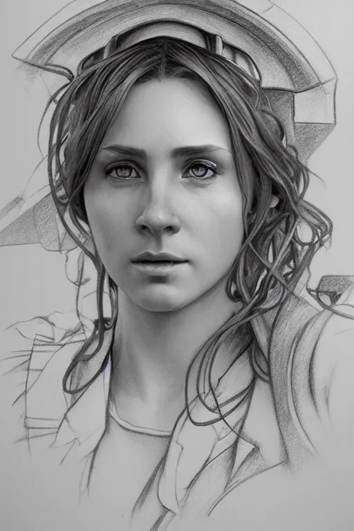 Image similar to portrait pencil sketch a female construction worker by david malan and alphonse mucha, fantasy art, realistic drawing, dynamic lighting, artstation, poster, volumetric lighting, very detailed faces, 4 k, award winning